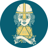 Retro Tattoo Style human fighter with natural twenty dice roll png