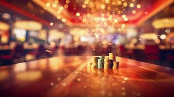 AI generated Online casino banner. Casino Chips Blurred Background. photo