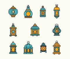 A vibrant set of colorful ornate lanterns illustration with line art and flat color design style. vector