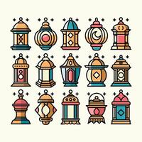 A vibrant set of colorful ornate lanterns illustration with line art and flat color design style. vector