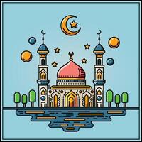 A vibrant illustration of a mosque with line art style and flat color, perfect for ramadan, eid, and islamic event. vector