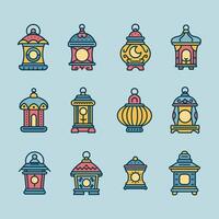 A vibrant set of colorful ornate lanterns illustration with line art and flat color design style. vector