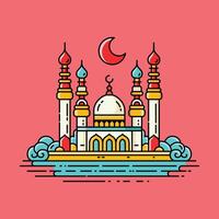 A vibrant illustration of a mosque with line art style and flat color, perfect for Ramadan, Eid, and Islamic event vector