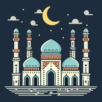 A vibrant illustration of a mosque with line art style and flat color, perfect for ramadan, eid, and islamic event. vector