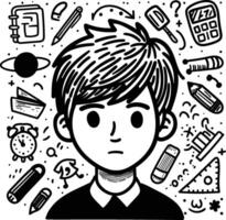 A boys characters head surrounded by icons of books, pencils, rulers, and more, illustrating a burst of creativity, ideas, and imagination. vector