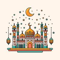 un vibrante ilustración de un mezquita con línea Arte estilo y plano color, Perfecto para ramadán, eid, y islámico evento. vector