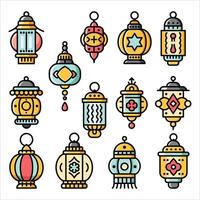 A vibrant set of colorful ornate lanterns illustration with line art and flat color design style. vector