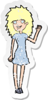 retro distressed sticker of a cartoon happy woman waving png