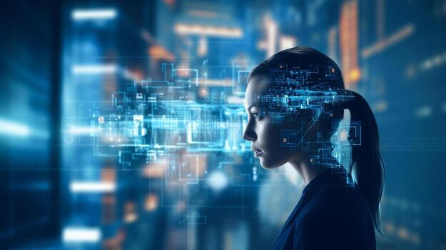 AI generated Business woman Introduction of artificial intelligence. Cyberspace of future. Science and innovation of technology photo