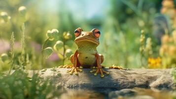 AI generated Cute orange frog on stone photo