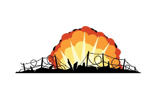 Barbed wire. Scenery of modern military conflict. Comic boom explosion. Big cartoon fireball. Fire bang and exploding. Silhouette of military barricades. Defensive fortifications.