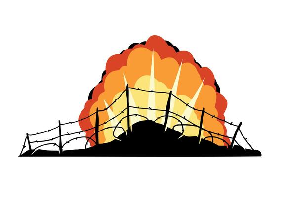 Barbed wire. Scenery of modern military conflict. Comic boom explosion. Big cartoon fireball. Fire bang and exploding. Silhouette of military barricades. Defensive fortifications.