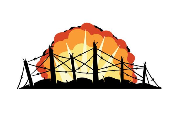 Barbed wire. Scenery of modern military conflict. Comic boom explosion. Big cartoon fireball. Fire bang and exploding. Silhouette of military barricades. Defensive fortifications.