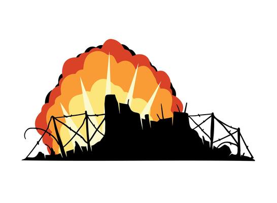 Barbed wire. Scenery of modern military conflict. Comic boom explosion. Big cartoon fireball. Fire bang and exploding. Silhouette of military barricades. Defensive fortifications.