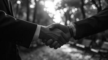 AI generated old friends handshake black and white photo concept.