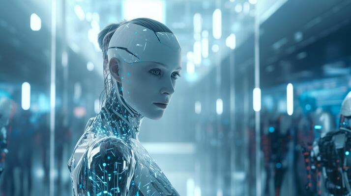 A Robot With A Blue Eyes And A White Face. AI Generated