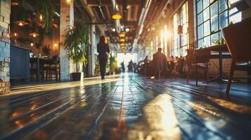 AI generated Office Interior with Reflective Glass Partitions, Contemporary Workspace Design, Blurred Concept of Corporate Business Environment photo