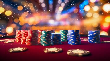 AI generated Online casino banner. Casino Chips Blurred Background. photo