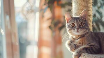 AI generated Cute tabby cat sitting on the window sill and looking at camera photo