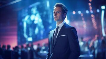 AI generated Man in futuristic suit. Technology Summit Future Artificial Intelligence concept photo