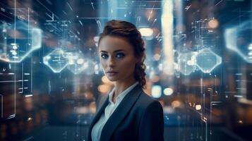 AI generated Woman in suit standing in technology network space blurred background photo