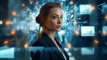 AI generated Woman in suit standing in technology network space blurred background photo