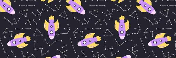 Baby cute seamless pattern with space elements on dark background. Hand drawn flat cartoon style. Vector illustration