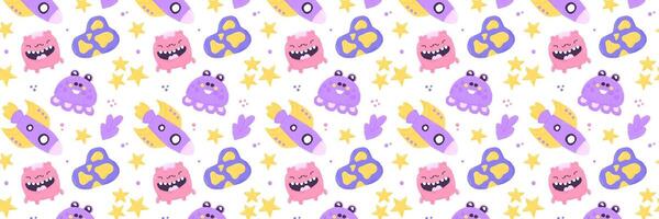 Baby cute seamless pattern with space elements on white background. Hand drawn flat cartoon style. Vector illustration