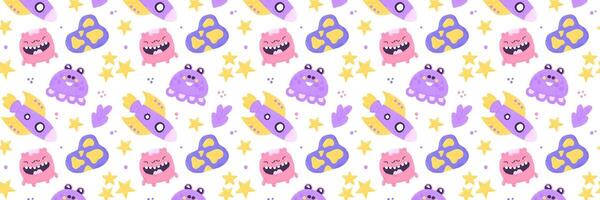 Baby cute seamless pattern with space elements on white background. Hand drawn flat cartoon style. Vector illustration