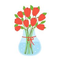 Blue vase with bouquet of red tulips. Spring flowers for March 8 Mother's Day. Hand drawn flat cartoon element on white isolated background. Vector illustration