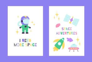 Space poster with cute characters in the cartoon hand drawn style with quote letternig. Vector illustration