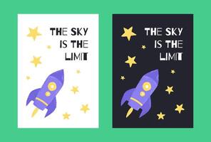 Space poster with cute rocket in the cartoon hand drawn style with quote letternig. Vector illustration