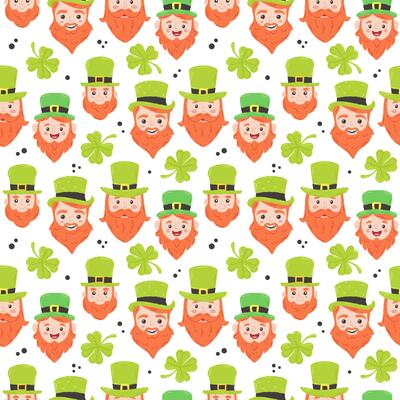 Festive pattern for St. Patrick's Day with cute elf and clover. Hand drawn flat cartoon elements. Vector illustration