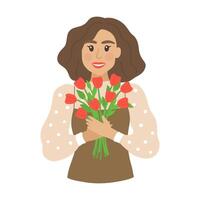 Happy Woman with red tulips in hands. Hand drawn flat cartoon element. Vector illustration