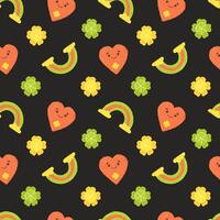 Festive pattern for St. Patrick's Day with clover and rainbow. Hand drawn flat cartoon elements. Vector illustration