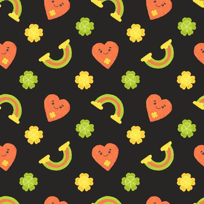 Festive pattern for St. Patrick's Day with clover and rainbow. Hand drawn flat cartoon elements. Vector illustration