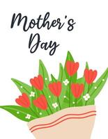 International Mother's Day Card with bouquet of tulips. Red flowers in wrapping paper. Hand drawn flat cartoon elements on white background. Vector illustration