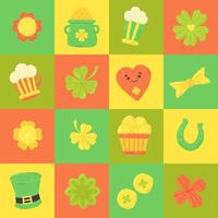 Festive pattern for St. Patrick's Day with clover, beer and coin. Hand drawn flat cartoon elements. Vector illustration