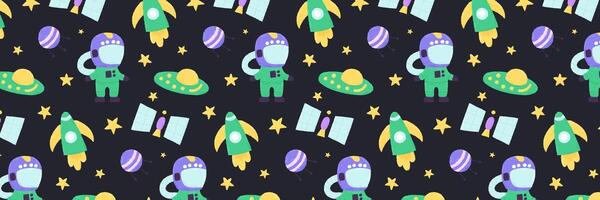 Baby cute seamless pattern with space elements on dark background. Hand drawn flat cartoon style. Vector illustration