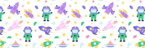 Baby cute seamless pattern with space elements on white background. Hand drawn flat cartoon style. Vector illustration