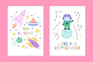 Space poster with cute characters in the cartoon hand drawn style with quote letternig. Vector illustration