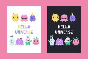 Space poster with cute monsters in the cartoon hand drawn style with quote letternig. Vector illustration