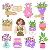 Spring set of elements for March 8 bouquet of tulips, number, girl holding flowers, envelope with bloom, lettering. Hand drawn flat cartoon elements on white background. Vector illustration