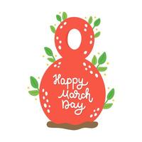 Festive red number for March 8 with twigs. Hand drawn flat cartoon element. Vector illustration