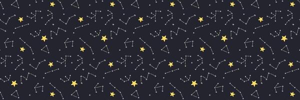 Baby cute seamless pattern with space elements on dark background. Hand drawn flat cartoon style. Vector illustration
