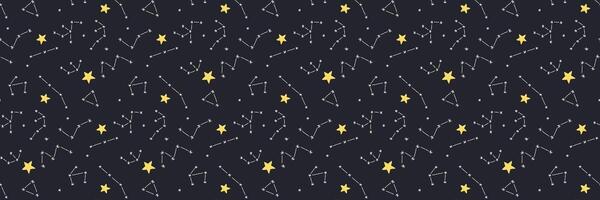 Baby cute seamless pattern with space elements on dark background. Hand drawn flat cartoon style. Vector illustration