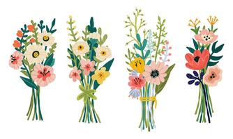 Spring set with festive floral bouquets. Hand drawn flat cartoon elements. Vector illustration