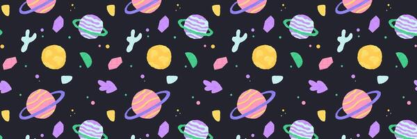 Baby cute seamless pattern with space elements on dark background. Hand drawn flat cartoon style. Vector illustration