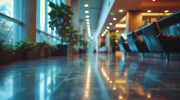 AI generated Office Interior with Reflective Glass Partitions, Contemporary Workspace Design, Blurred Concept of Corporate Business Environment photo