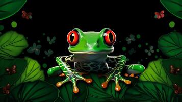 AI generated Frog in leaves black background. photo